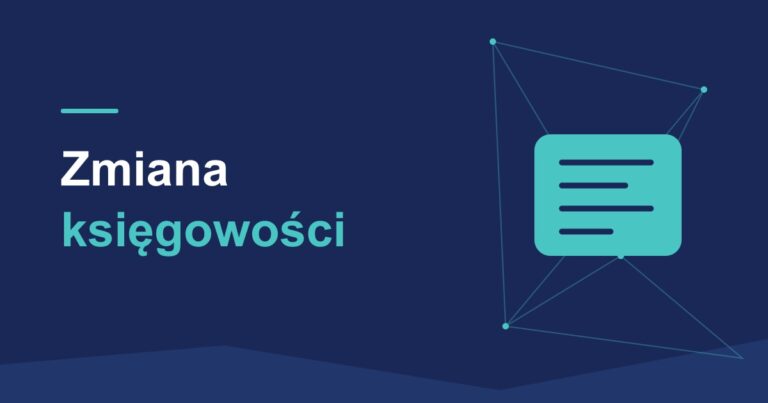 Granatowa okładka z turkusowym symbolem dokumentów i hasłem Zmiana księgowości